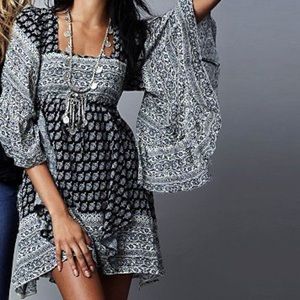 Free People “Heart of Gold” Navy and White Boho Print Mini Dress